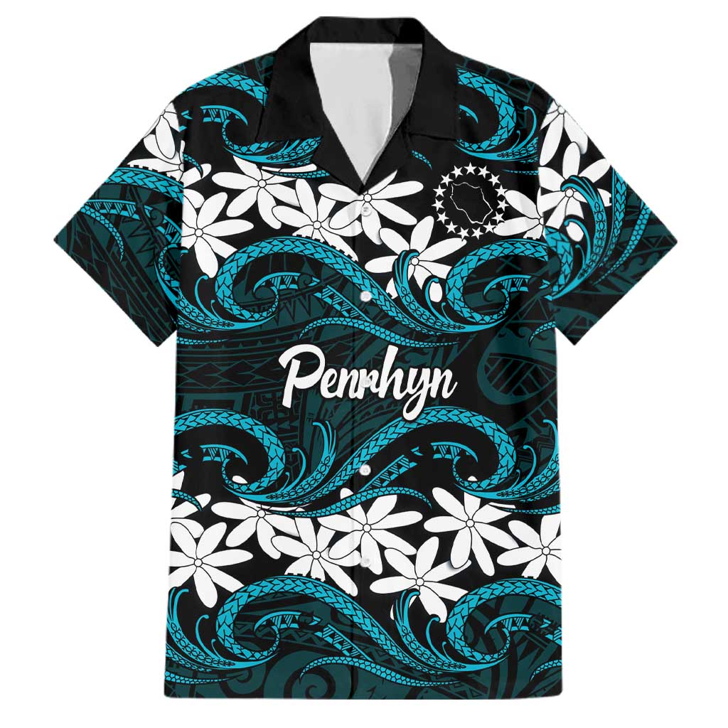 Personalised Cook Islands Penrhyn Atoll Family Matching Off Shoulder Maxi Dress and Hawaiian Shirt Tiare Maori Polynesian Waves Tattoo LT14 Dad's Shirt - Short Sleeve Blue - Polynesian Pride