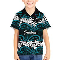 Personalised Cook Islands Penrhyn Atoll Family Matching Off Shoulder Maxi Dress and Hawaiian Shirt Tiare Maori Polynesian Waves Tattoo LT14 Son's Shirt Blue - Polynesian Pride