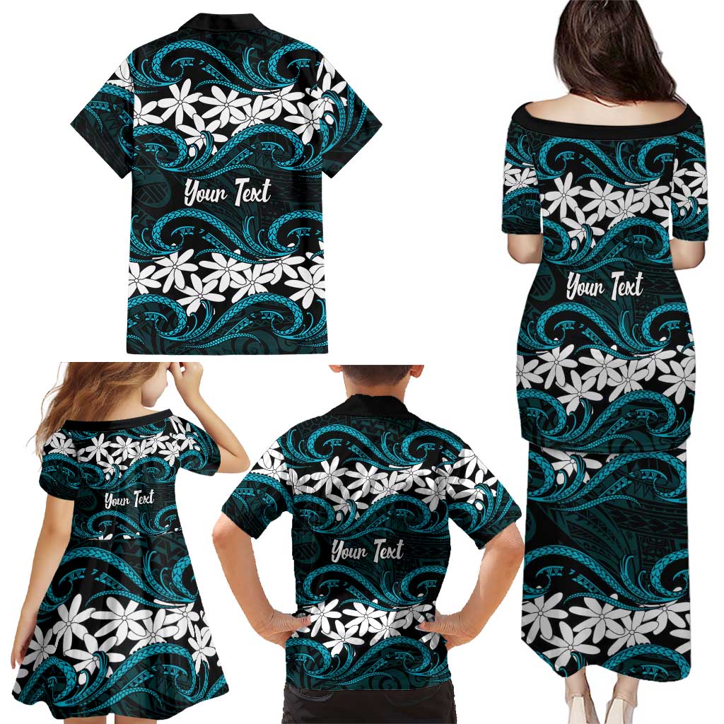 Personalised Cook Islands Penrhyn Atoll Family Matching Puletasi and Hawaiian Shirt Tiare Maori Polynesian Waves Tattoo