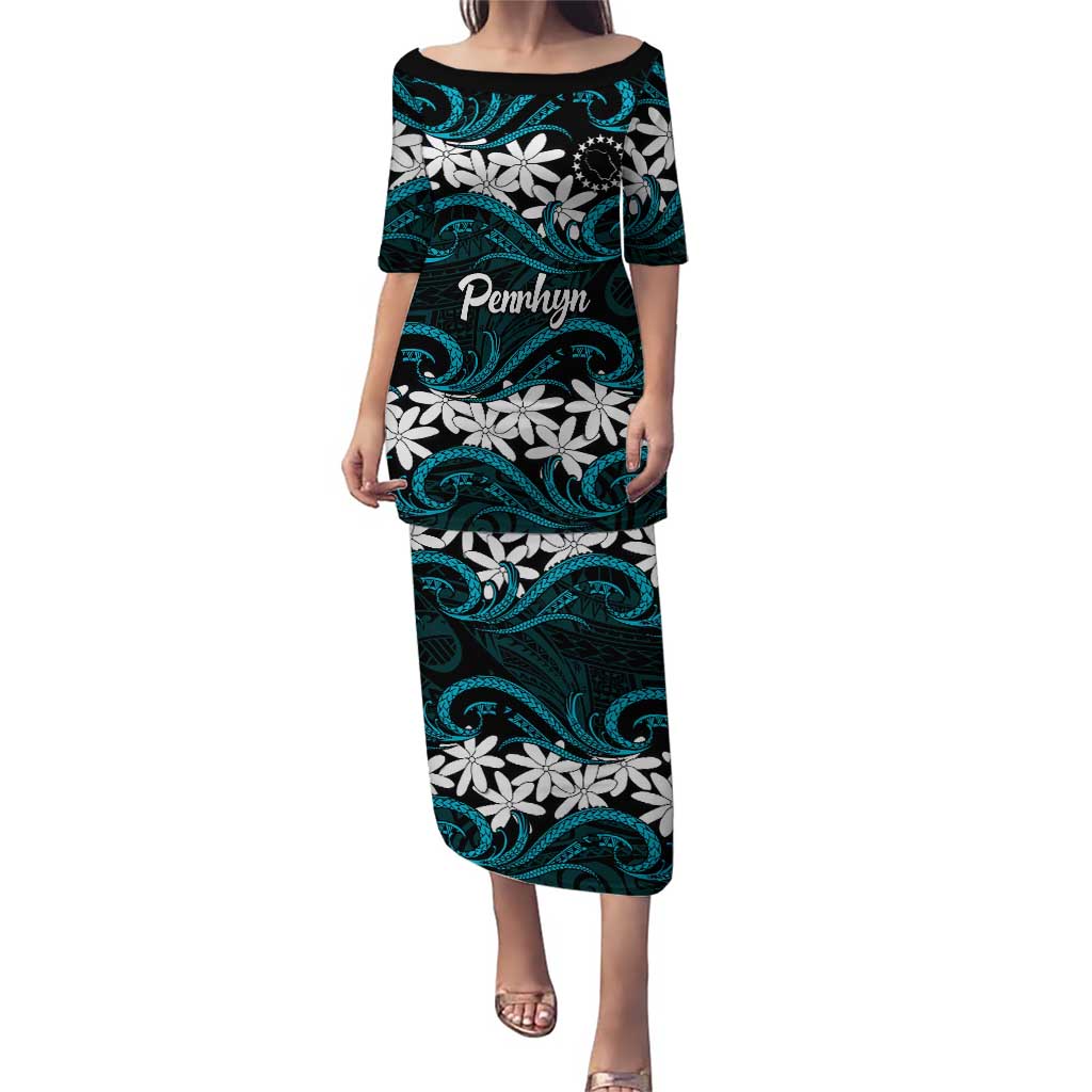 Personalised Cook Islands Penrhyn Atoll Family Matching Puletasi and Hawaiian Shirt Tiare Maori Polynesian Waves Tattoo
