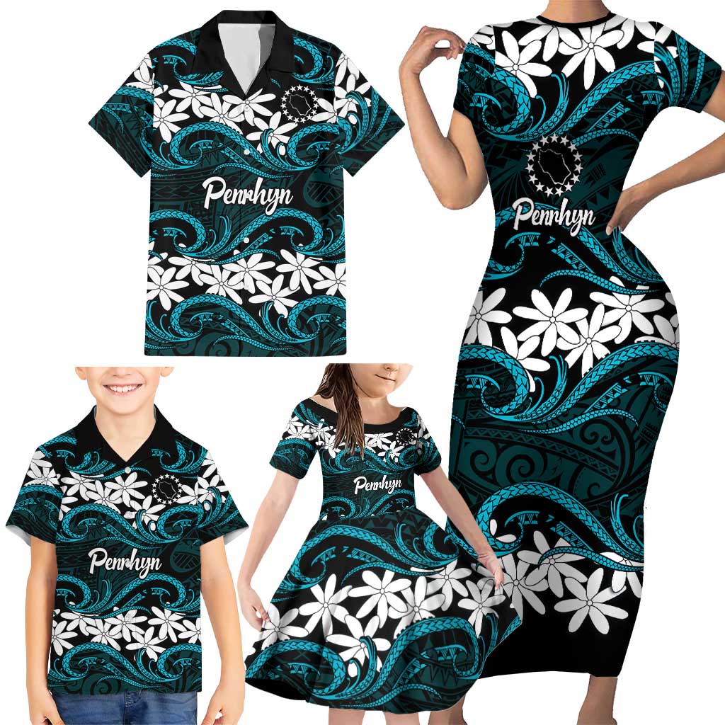 Personalised Cook Islands Penrhyn Atoll Family Matching Short Sleeve Bodycon Dress and Hawaiian Shirt Tiare Maori Polynesian Waves Tattoo