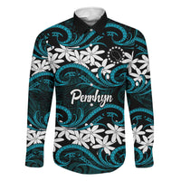 Personalised Cook Islands Penrhyn Atoll Family Matching Summer Maxi Dress and Hawaiian Shirt Tiare Maori Polynesian Waves Tattoo LT14 Dad's Shirt - Long Sleeve Blue - Polynesian Pride