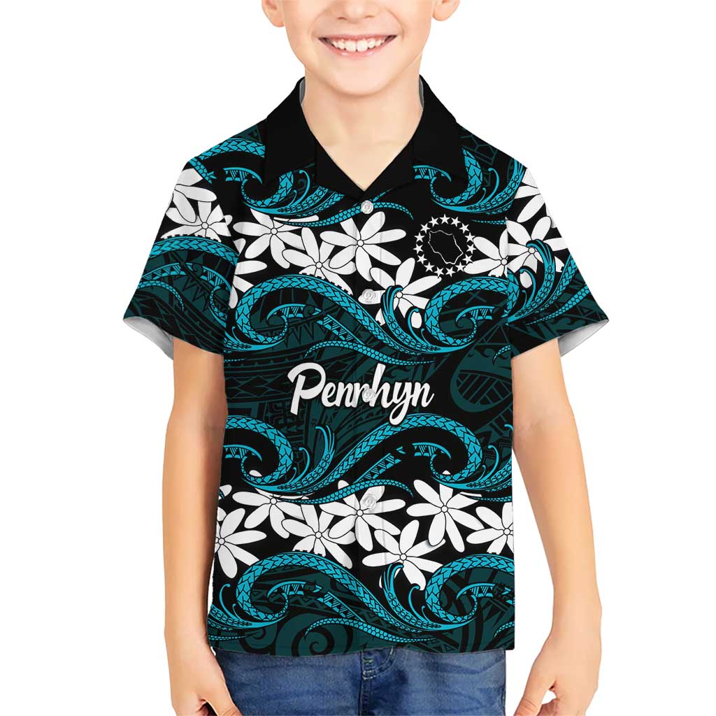 Personalised Cook Islands Penrhyn Atoll Family Matching Summer Maxi Dress and Hawaiian Shirt Tiare Maori Polynesian Waves Tattoo LT14 Son's Shirt Blue - Polynesian Pride