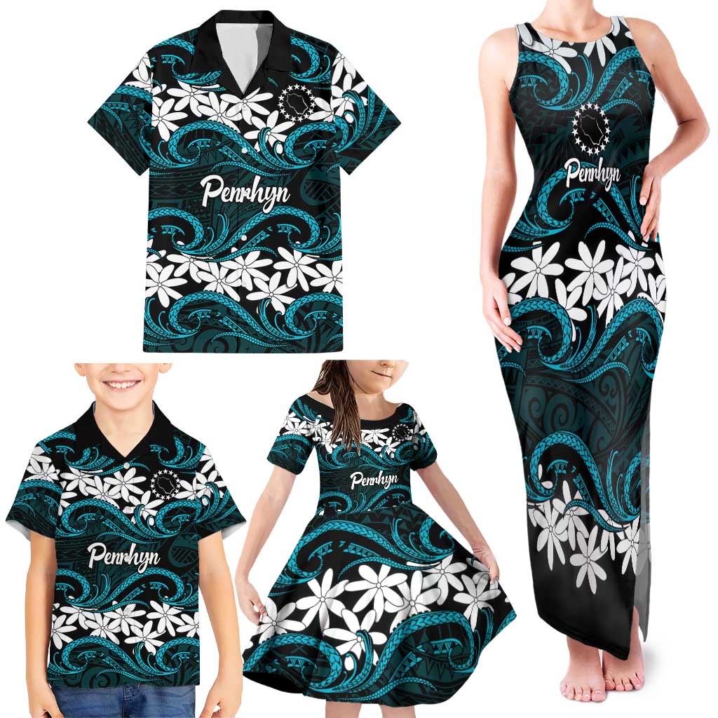 Personalised Cook Islands Penrhyn Atoll Family Matching Tank Maxi Dress and Hawaiian Shirt Tiare Maori Polynesian Waves Tattoo