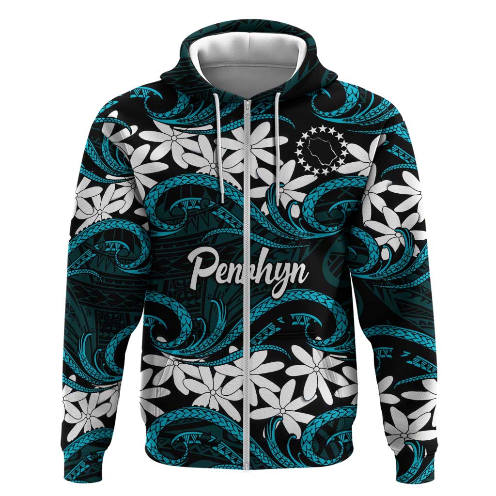 Personalised Cook Islands Penrhyn Atoll Hoodie Tiare Maori Polynesian Waves Tattoo LT14 Zip Hoodie Blue - Polynesian Pride