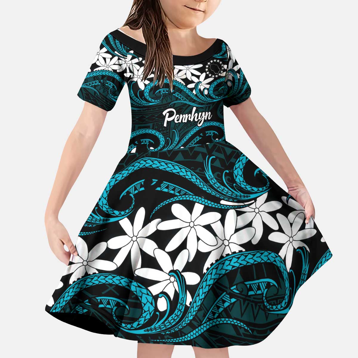 Personalised Cook Islands Penrhyn Atoll Kid Short Sleeve Dress Tiare Maori Polynesian Waves Tattoo