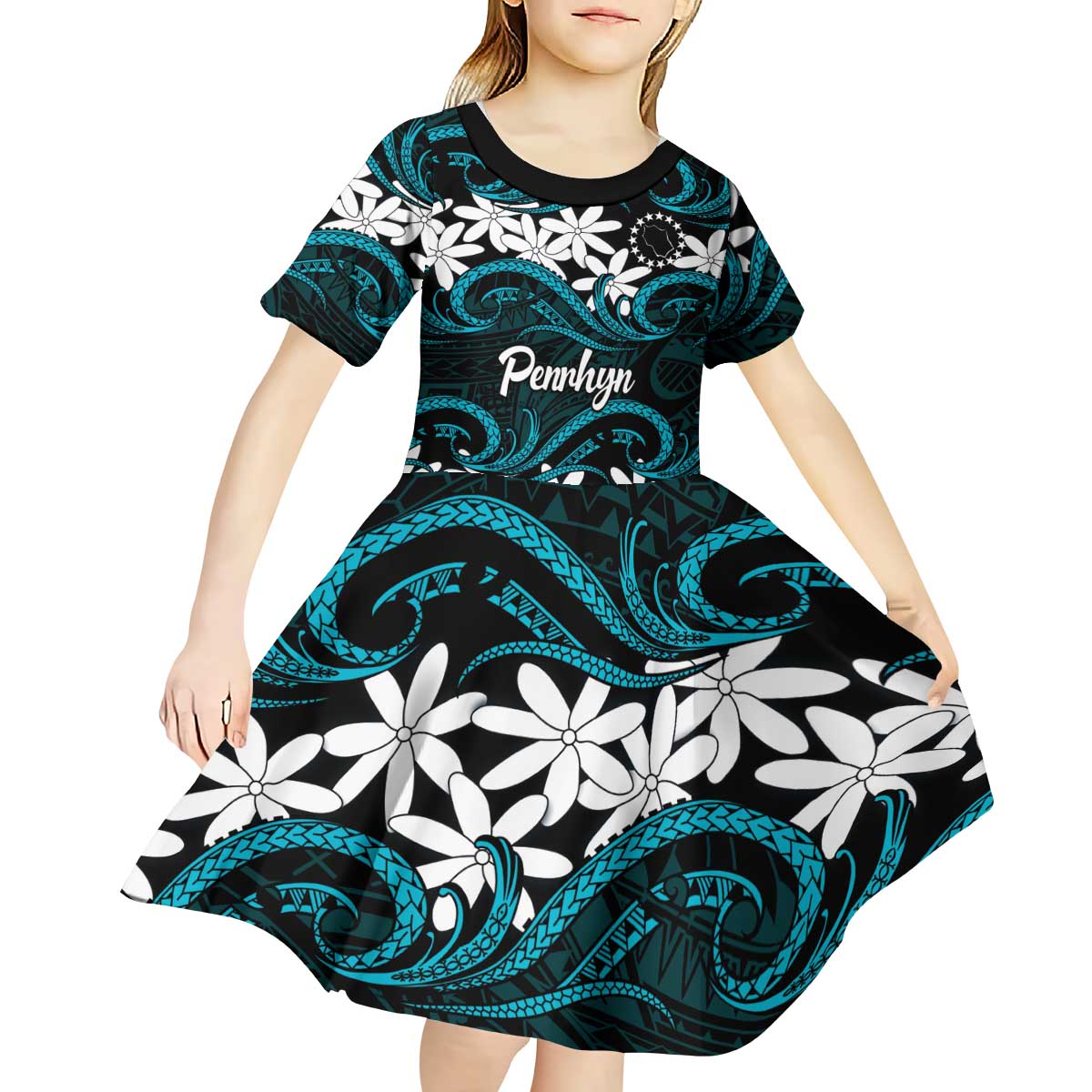 Personalised Cook Islands Penrhyn Atoll Kid Short Sleeve Dress Tiare Maori Polynesian Waves Tattoo