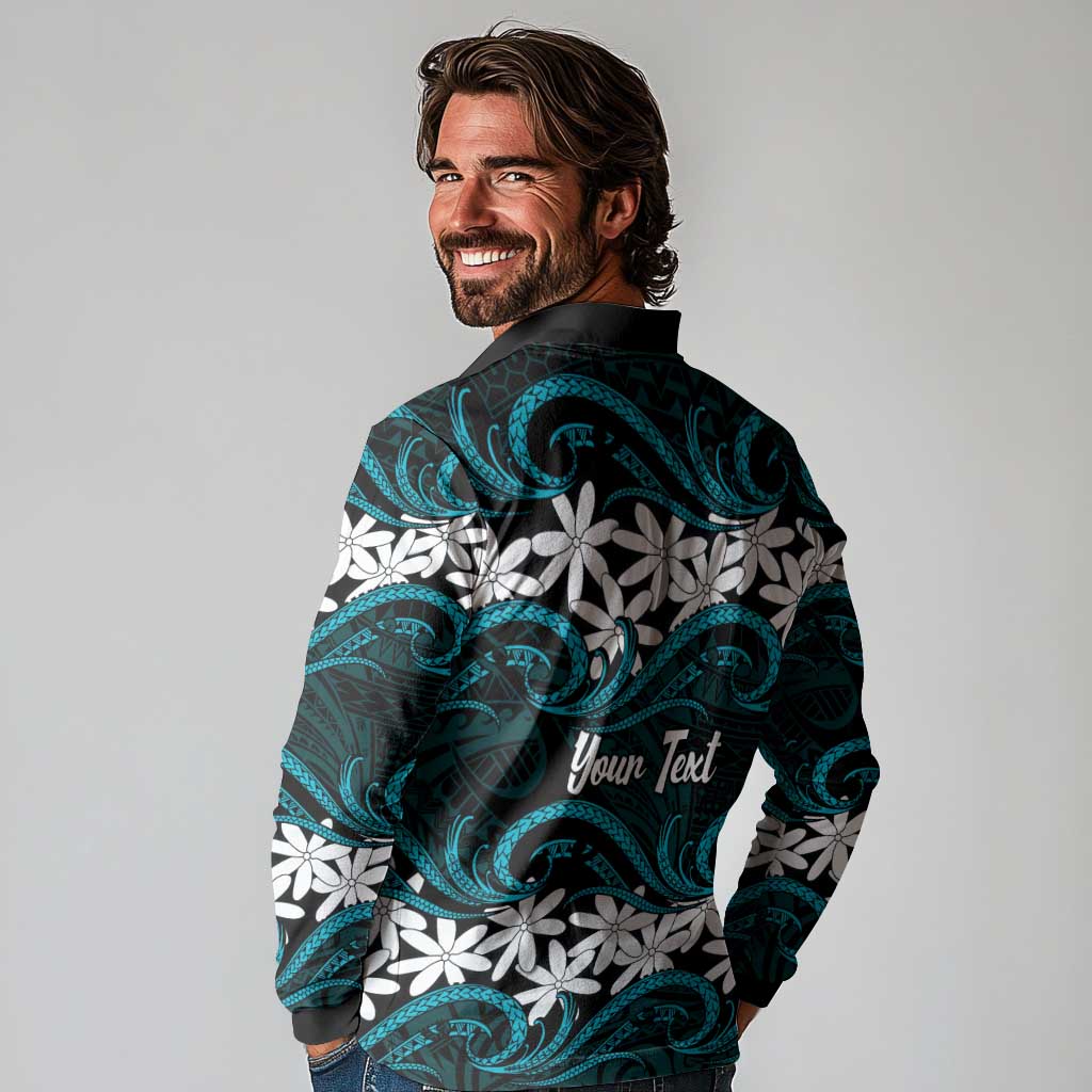 Personalised Cook Islands Penrhyn Atoll Long Sleeve Polo Shirt Tiare Maori Polynesian Waves Tattoo