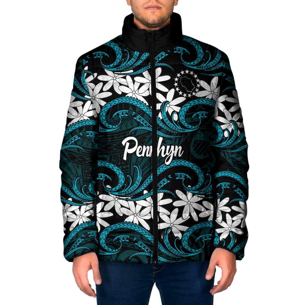 Personalised Cook Islands Penrhyn Atoll Padded Jacket Tiare Maori Polynesian Waves Tattoo