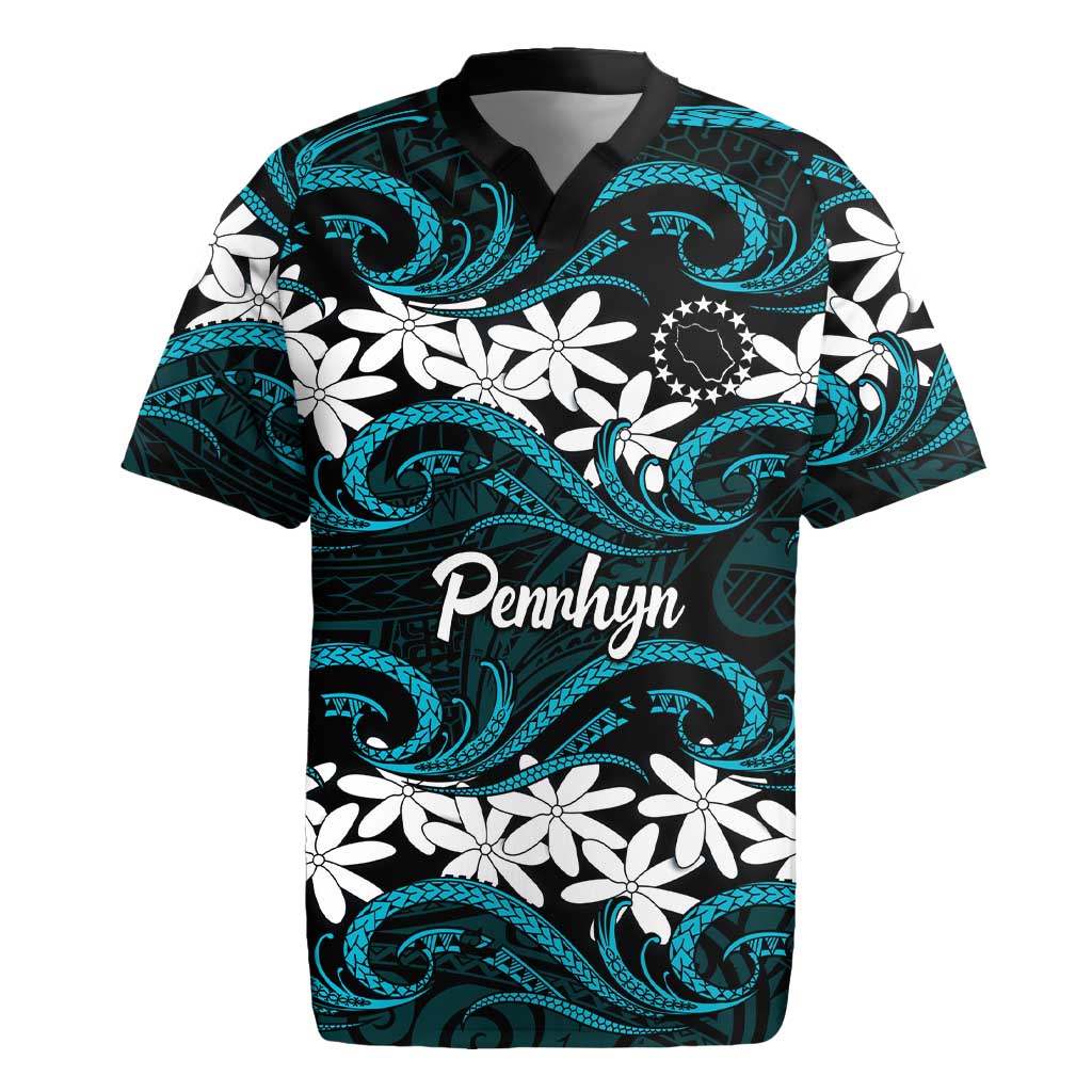 Personalised Cook Islands Penrhyn Atoll Rugby Jersey Tiare Maori Polynesian Waves Tattoo