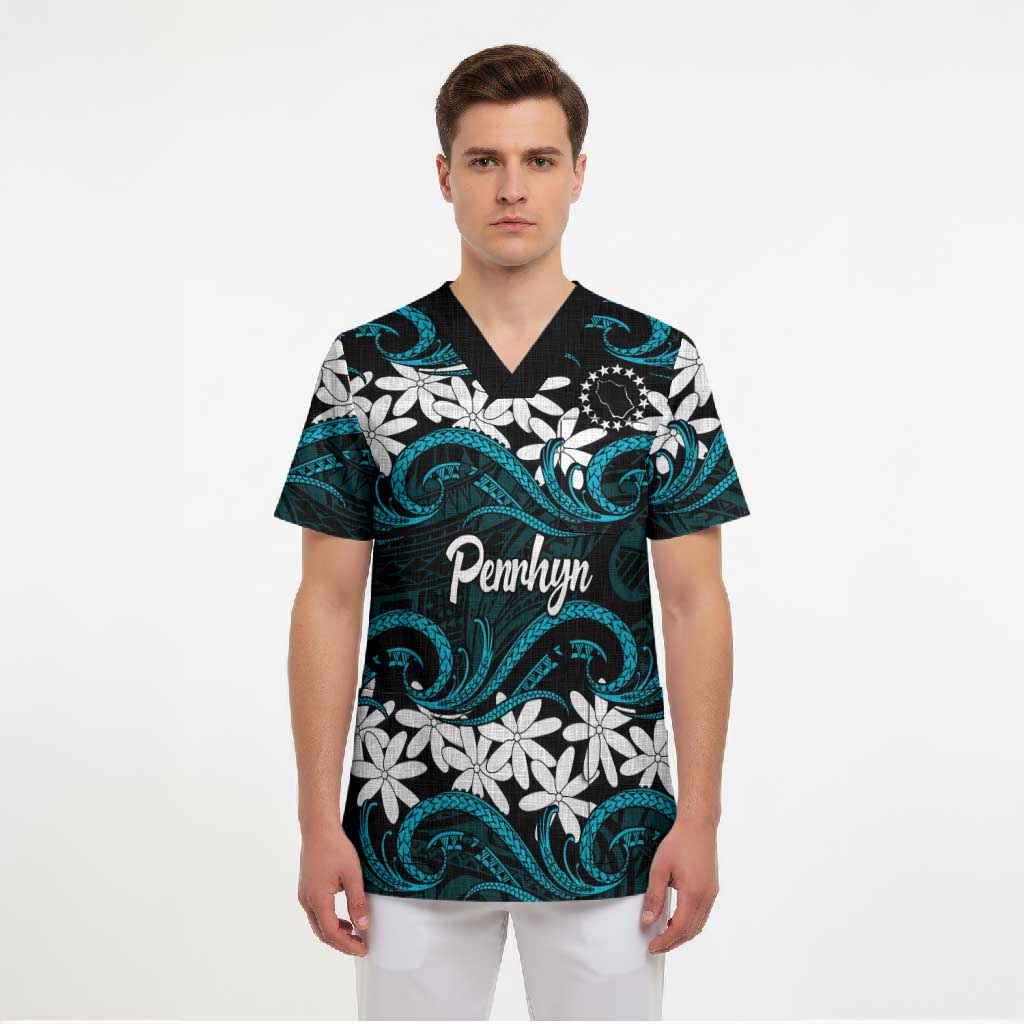 Personalised Cook Islands Penrhyn Atoll Scrub Top Tiare Maori Polynesian Waves Tattoo