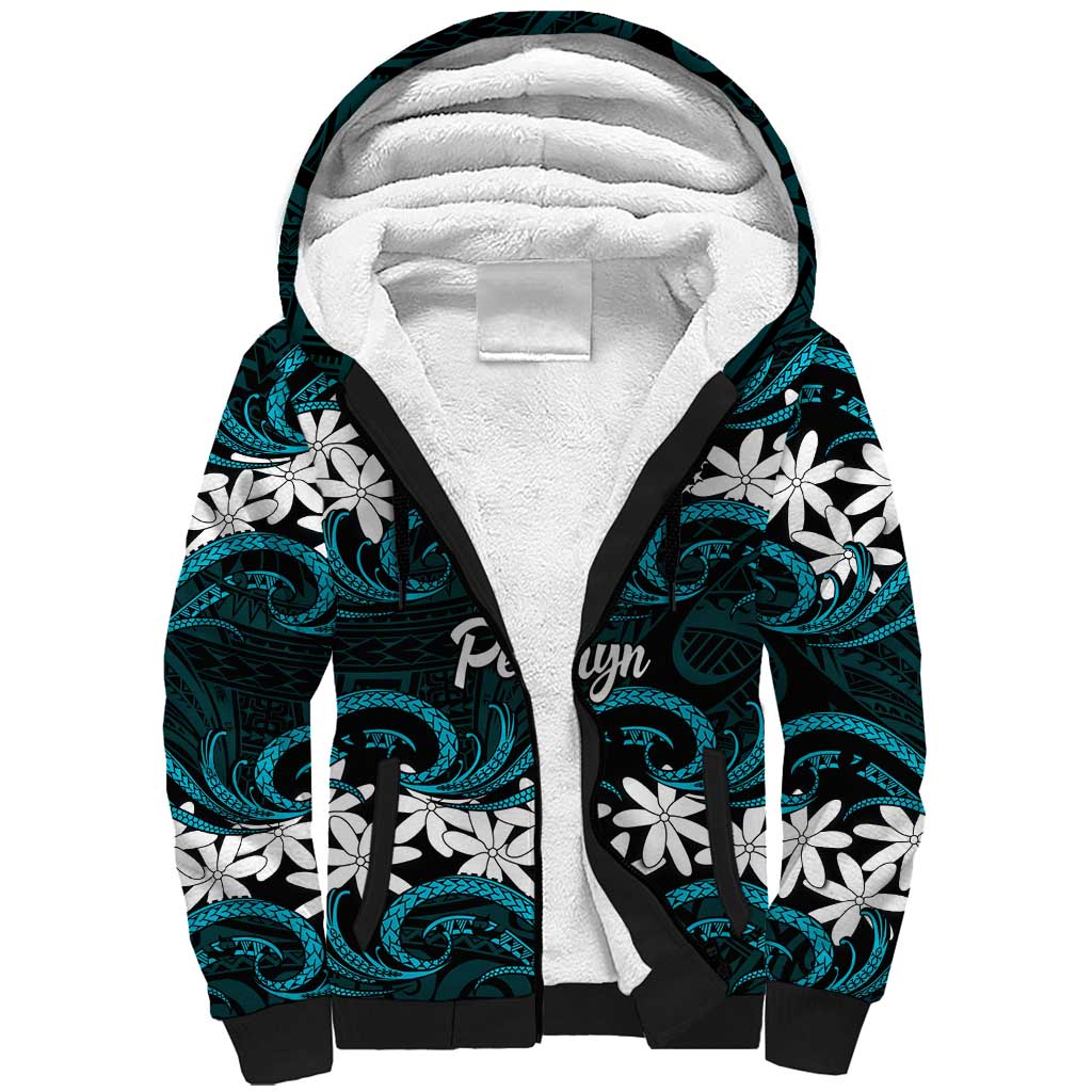 Personalised Cook Islands Penrhyn Atoll Sherpa Hoodie Tiare Maori Polynesian Waves Tattoo