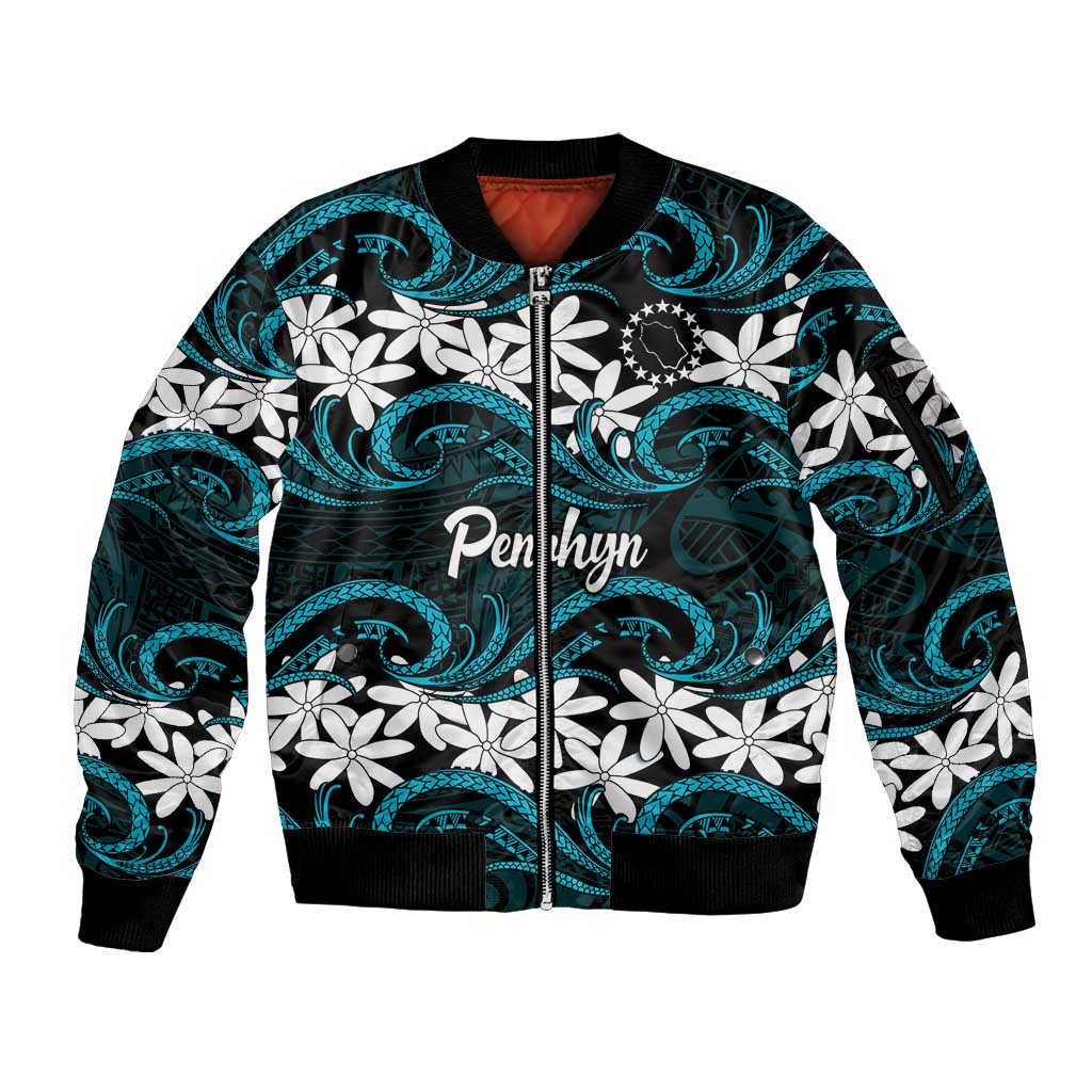 Personalised Cook Islands Penrhyn Atoll Sleeve Zip Bomber Jacket Tiare Maori Polynesian Waves Tattoo