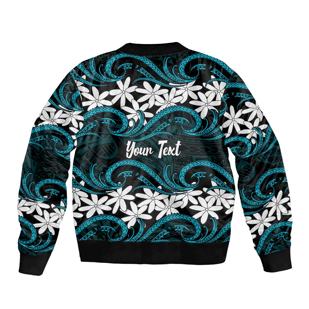 Personalised Cook Islands Penrhyn Atoll Sleeve Zip Bomber Jacket Tiare Maori Polynesian Waves Tattoo