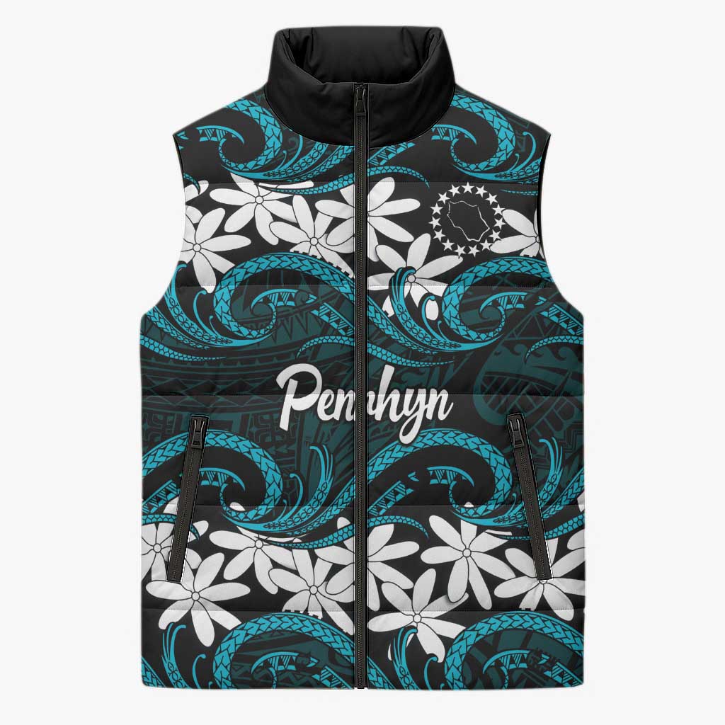 Personalised Cook Islands Penrhyn Atoll Sleeveless Puffer Jacket Tiare Maori Polynesian Waves Tattoo