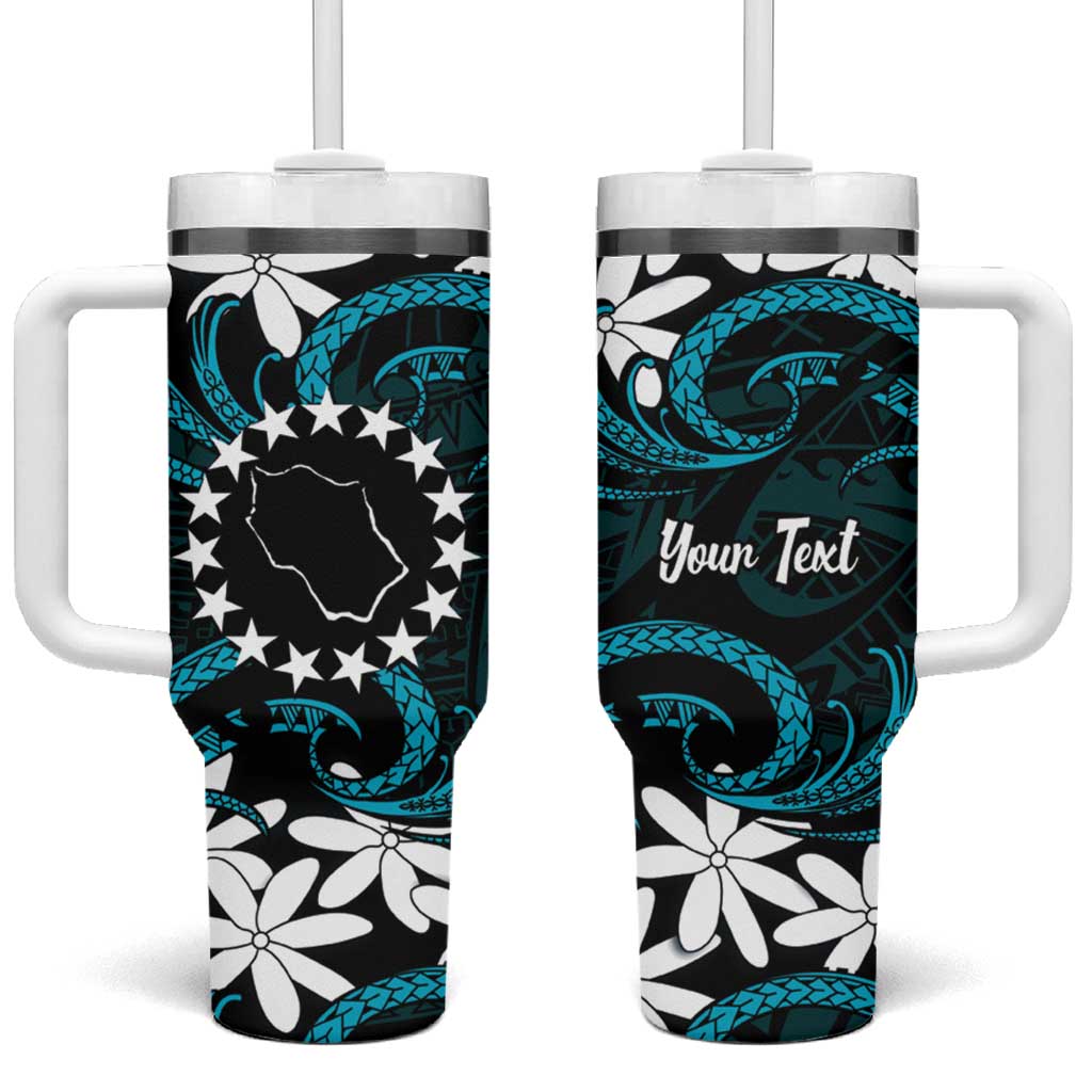 Personalised Cook Islands Penrhyn Atoll Tumbler With Handle Tiare Maori Polynesian Waves Tattoo
