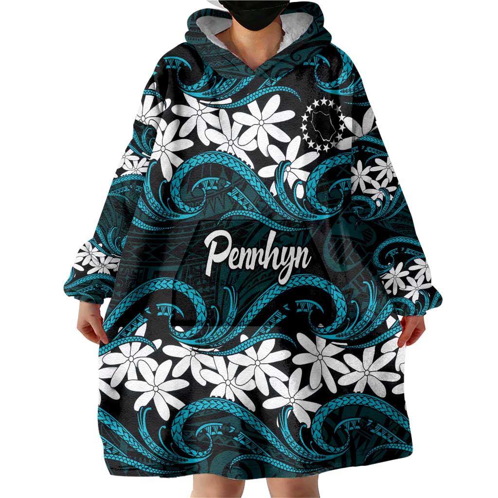 Personalised Cook Islands Penrhyn Atoll Wearable Blanket Hoodie Tiare Maori Polynesian Waves Tattoo