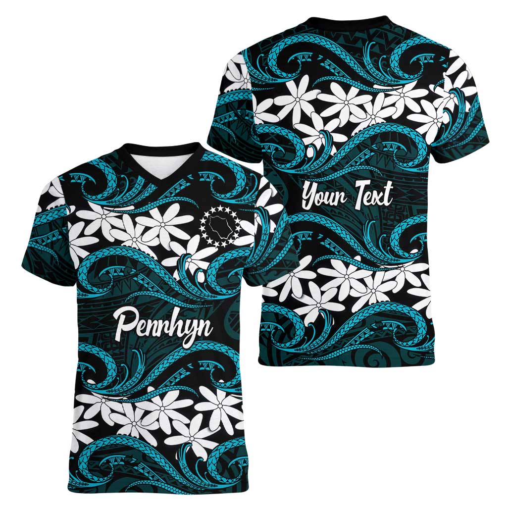Personalised Cook Islands Penrhyn Atoll Women V-Neck T-Shirt Tiare Maori Polynesian Waves Tattoo LT14 - Polynesian Pride