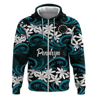 Personalised Cook Islands Penrhyn Atoll Zip Hoodie Tiare Maori Polynesian Waves Tattoo