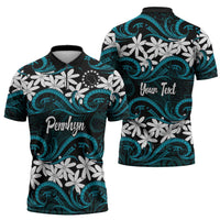 Personalised Cook Islands Penrhyn Atoll Zipper Polo Shirt Tiare Maori Polynesian Waves Tattoo