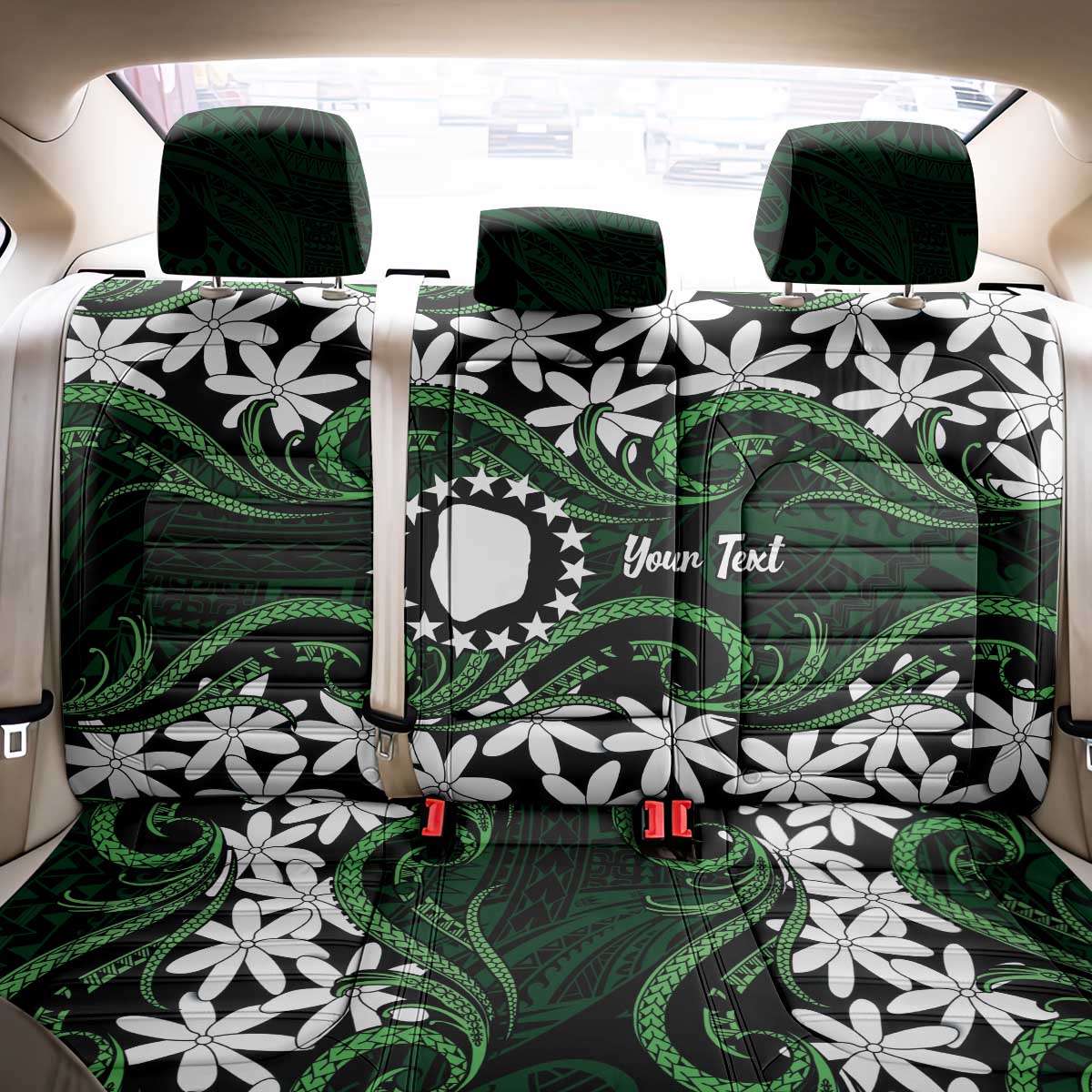 Personalised Cook Islands Mitiaro Back Car Seat Cover Tiare Maori Polynesian Waves Tattoo