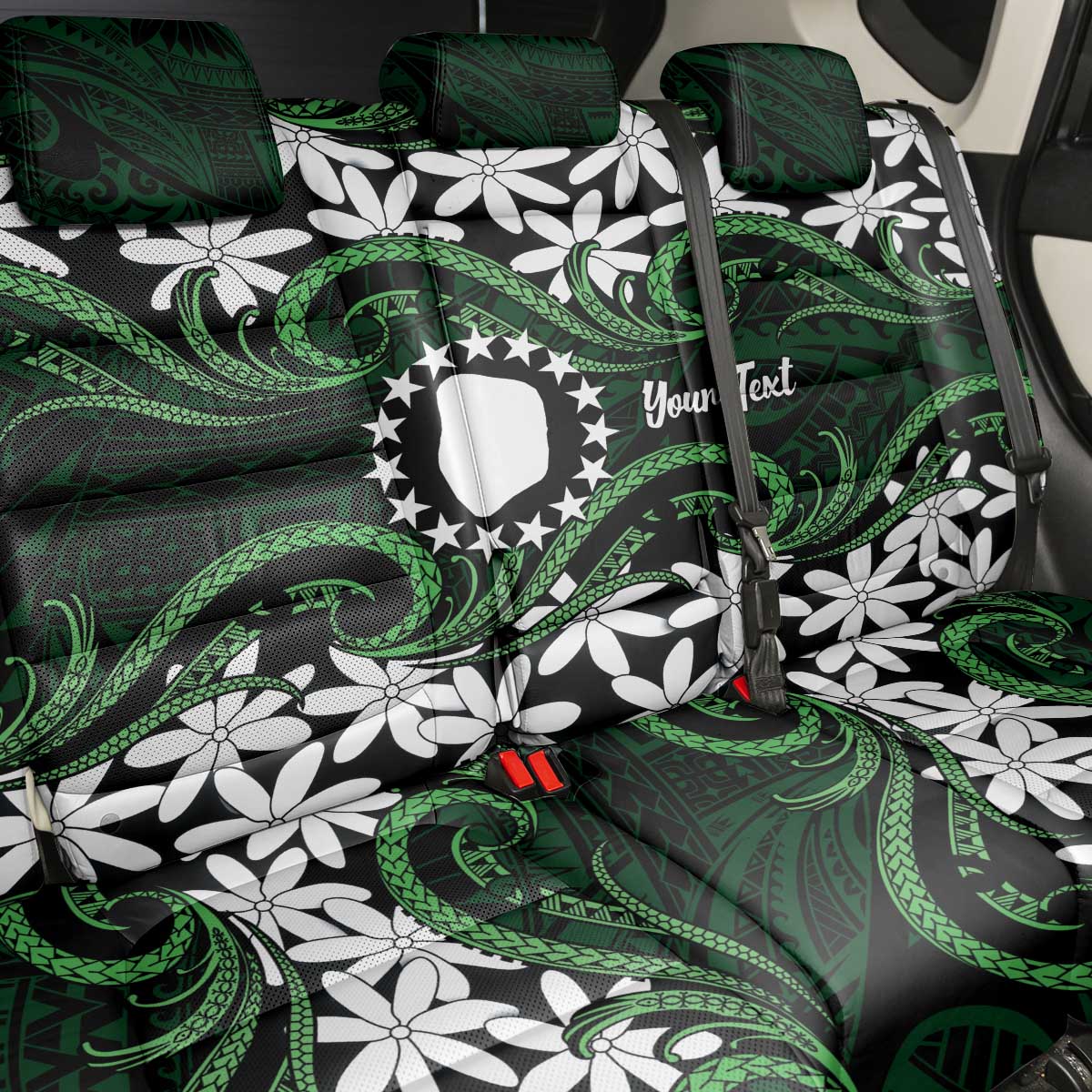 Personalised Cook Islands Mitiaro Back Car Seat Cover Tiare Maori Polynesian Waves Tattoo
