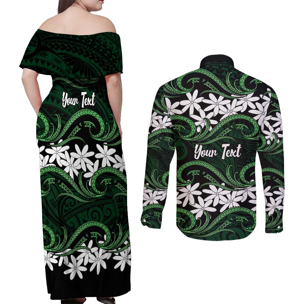 Personalised Cook Islands Mitiaro Couples Matching Off Shoulder Maxi Dress and Long Sleeve Button Shirt Tiare Maori Polynesian Waves Tattoo