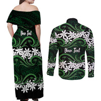 Personalised Cook Islands Mitiaro Couples Matching Off Shoulder Maxi Dress and Long Sleeve Button Shirt Tiare Maori Polynesian Waves Tattoo
