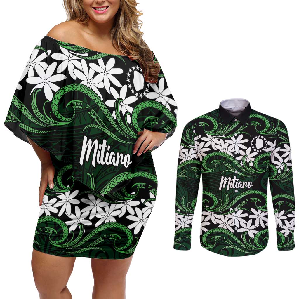 Personalised Cook Islands Mitiaro Couples Matching Off Shoulder Short Dress and Long Sleeve Button Shirt Tiare Maori Polynesian Waves Tattoo