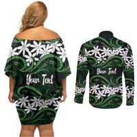 Personalised Cook Islands Mitiaro Couples Matching Off Shoulder Short Dress and Long Sleeve Button Shirt Tiare Maori Polynesian Waves Tattoo