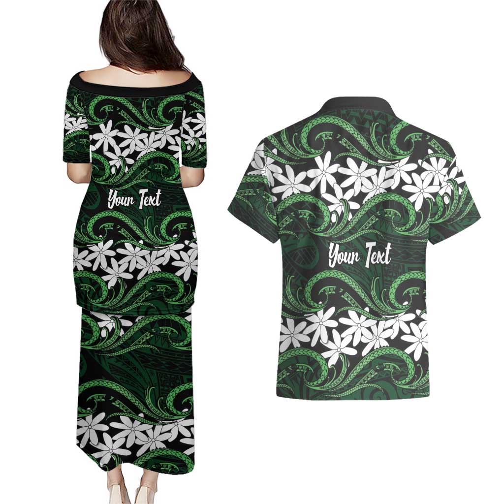Personalised Cook Islands Mitiaro Couples Matching Puletasi and Hawaiian Shirt Tiare Maori Polynesian Waves Tattoo