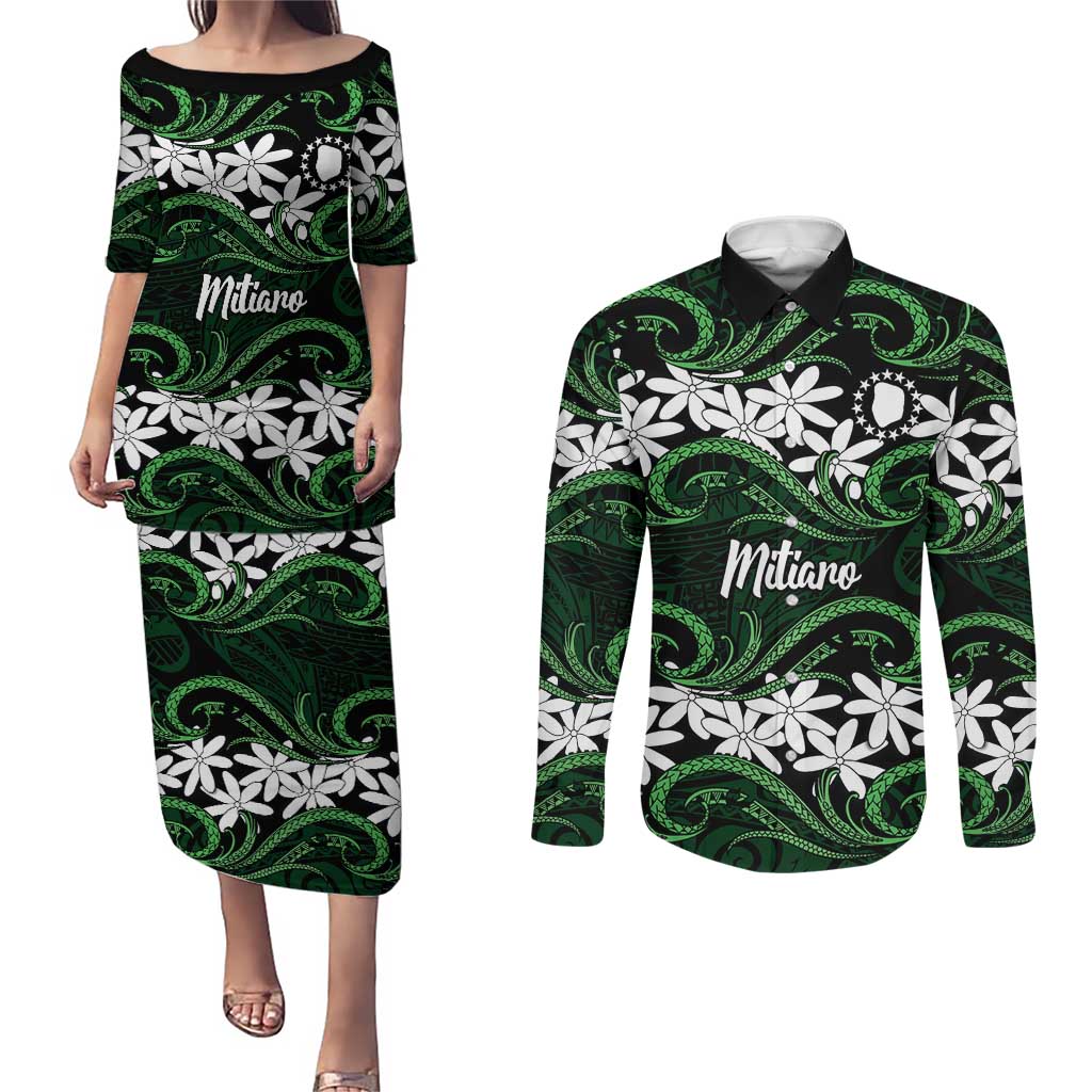 Personalised Cook Islands Mitiaro Couples Matching Puletasi and Long Sleeve Button Shirt Tiare Maori Polynesian Waves Tattoo