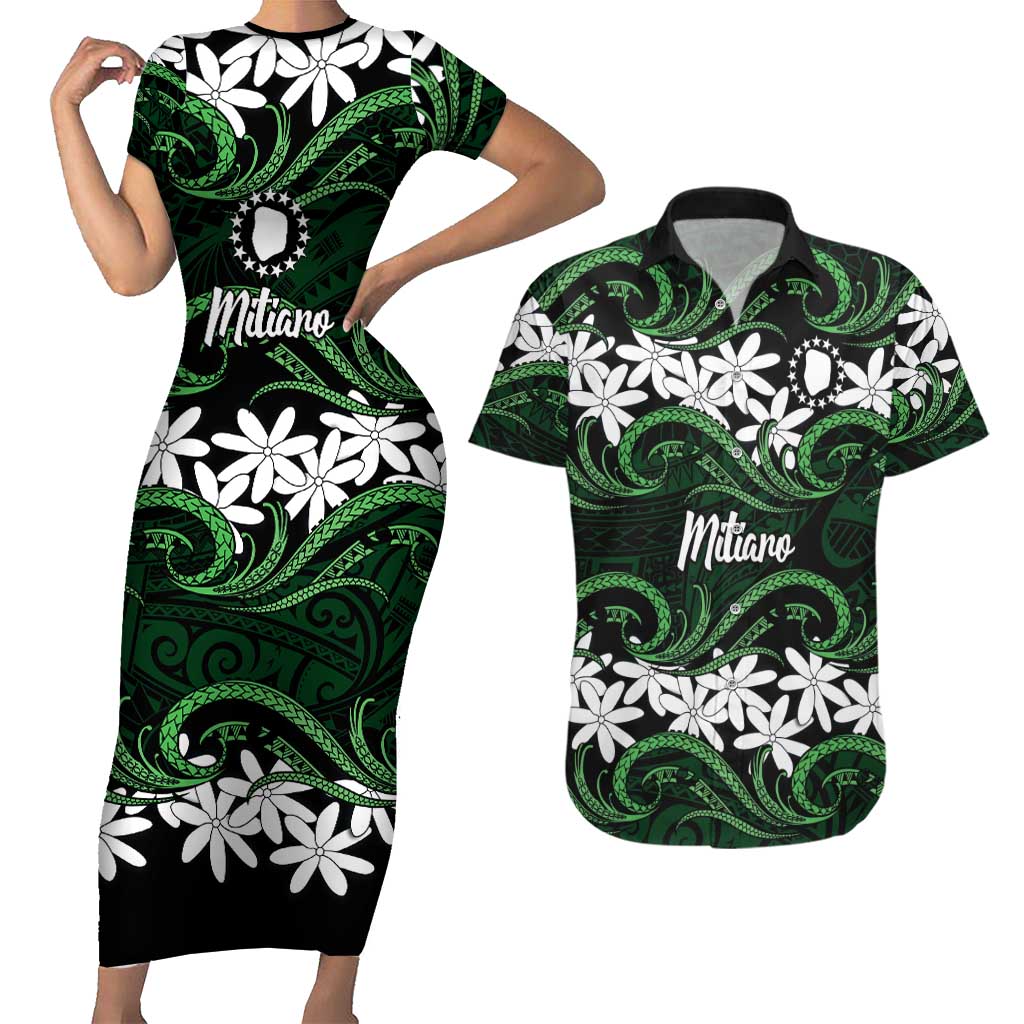 Personalised Cook Islands Mitiaro Couples Matching Short Sleeve Bodycon Dress and Hawaiian Shirt Tiare Maori Polynesian Waves Tattoo
