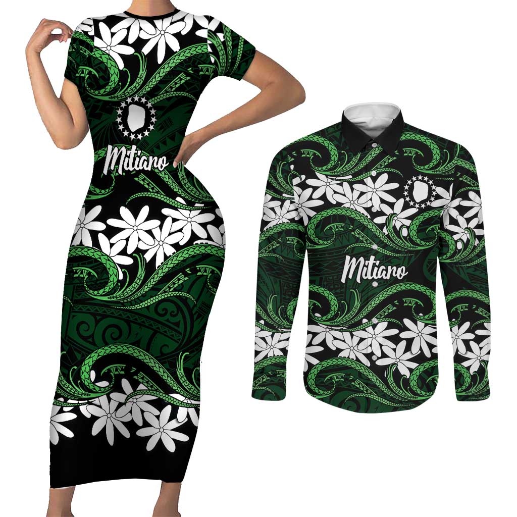 Personalised Cook Islands Mitiaro Couples Matching Short Sleeve Bodycon Dress and Long Sleeve Button Shirt Tiare Maori Polynesian Waves Tattoo