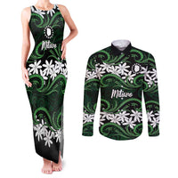 Personalised Cook Islands Mitiaro Couples Matching Tank Maxi Dress and Long Sleeve Button Shirt Tiare Maori Polynesian Waves Tattoo