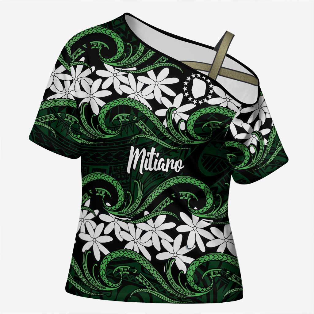 Personalised Cook Islands Mitiaro Cross Shoulder Shirt Tiare Maori Polynesian Waves Tattoo
