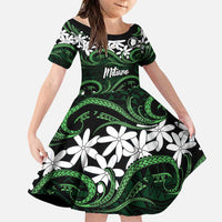 Personalised Cook Islands Mitiaro Family Matching Off The Shoulder Long Sleeve Dress and Hawaiian Shirt Tiare Maori Polynesian Waves Tattoo LT14 Daughter's Dress Green - Polynesian Pride