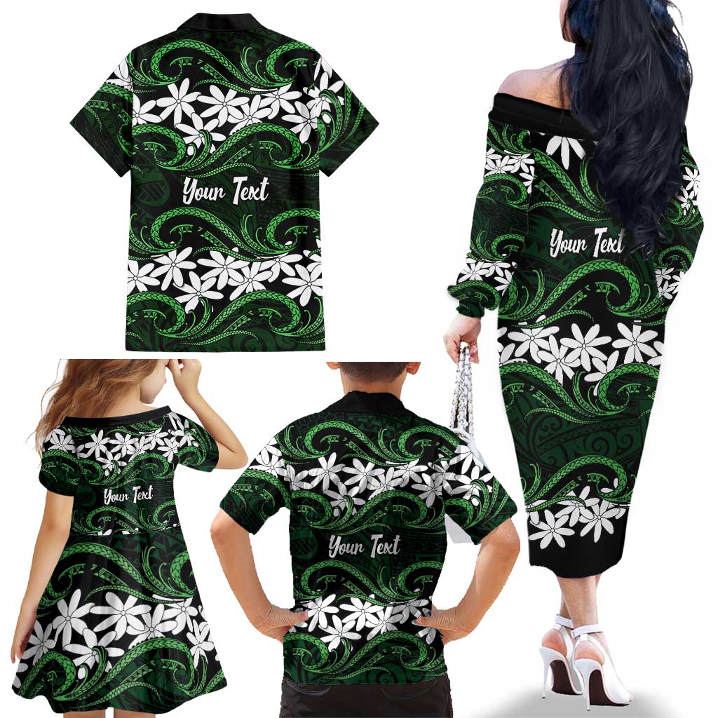 Personalised Cook Islands Mitiaro Family Matching Off The Shoulder Long Sleeve Dress and Hawaiian Shirt Tiare Maori Polynesian Waves Tattoo LT14 - Polynesian Pride