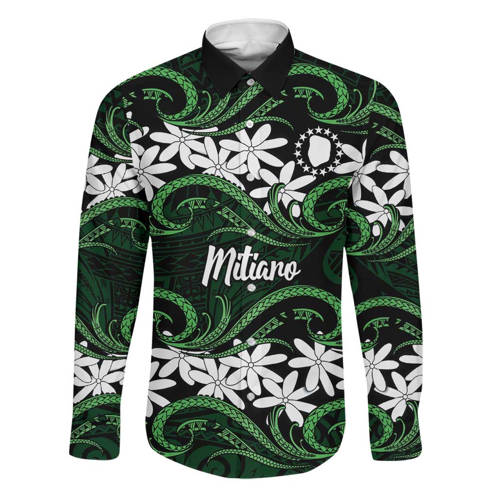 Personalised Cook Islands Mitiaro Family Matching Off The Shoulder Long Sleeve Dress and Hawaiian Shirt Tiare Maori Polynesian Waves Tattoo LT14 Dad's Shirt - Long Sleeve Green - Polynesian Pride