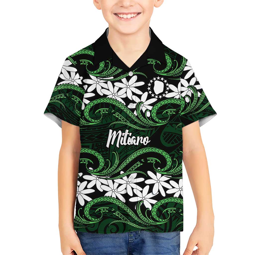 Personalised Cook Islands Mitiaro Family Matching Off Shoulder Maxi Dress and Hawaiian Shirt Tiare Maori Polynesian Waves Tattoo LT14 Son's Shirt Green - Polynesian Pride
