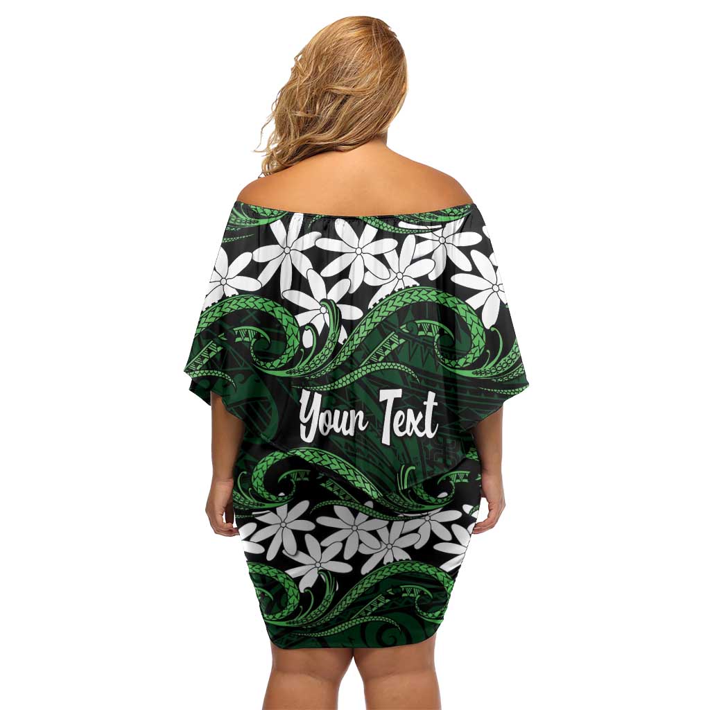 Personalised Cook Islands Mitiaro Family Matching Off Shoulder Short Dress and Hawaiian Shirt Tiare Maori Polynesian Waves Tattoo LT14 - Polynesian Pride