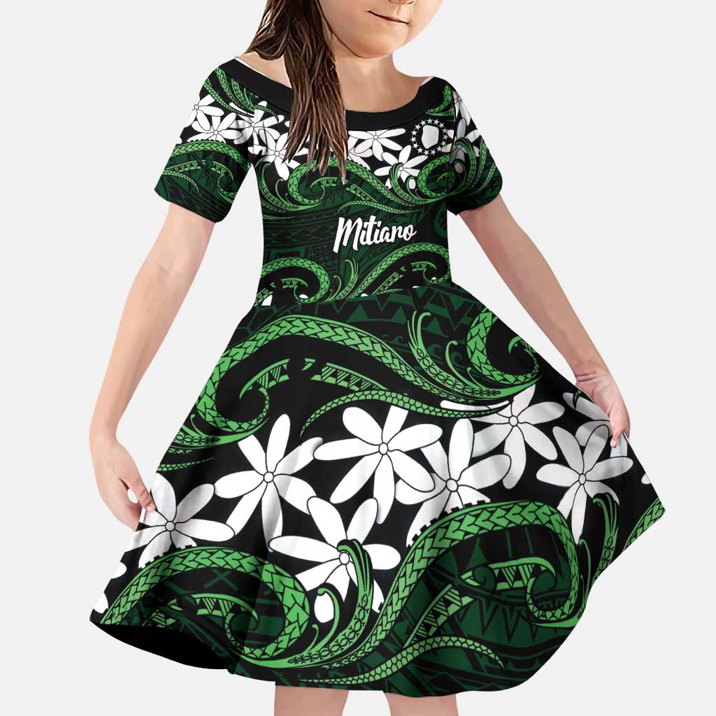 Personalised Cook Islands Mitiaro Family Matching Short Sleeve Bodycon Dress and Hawaiian Shirt Tiare Maori Polynesian Waves Tattoo LT14 Daughter's Dress Green - Polynesian Pride