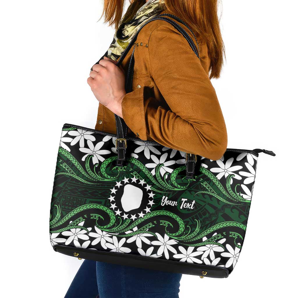 Personalised Cook Islands Mitiaro Leather Tote Bag Tiare Maori Polynesian Waves Tattoo