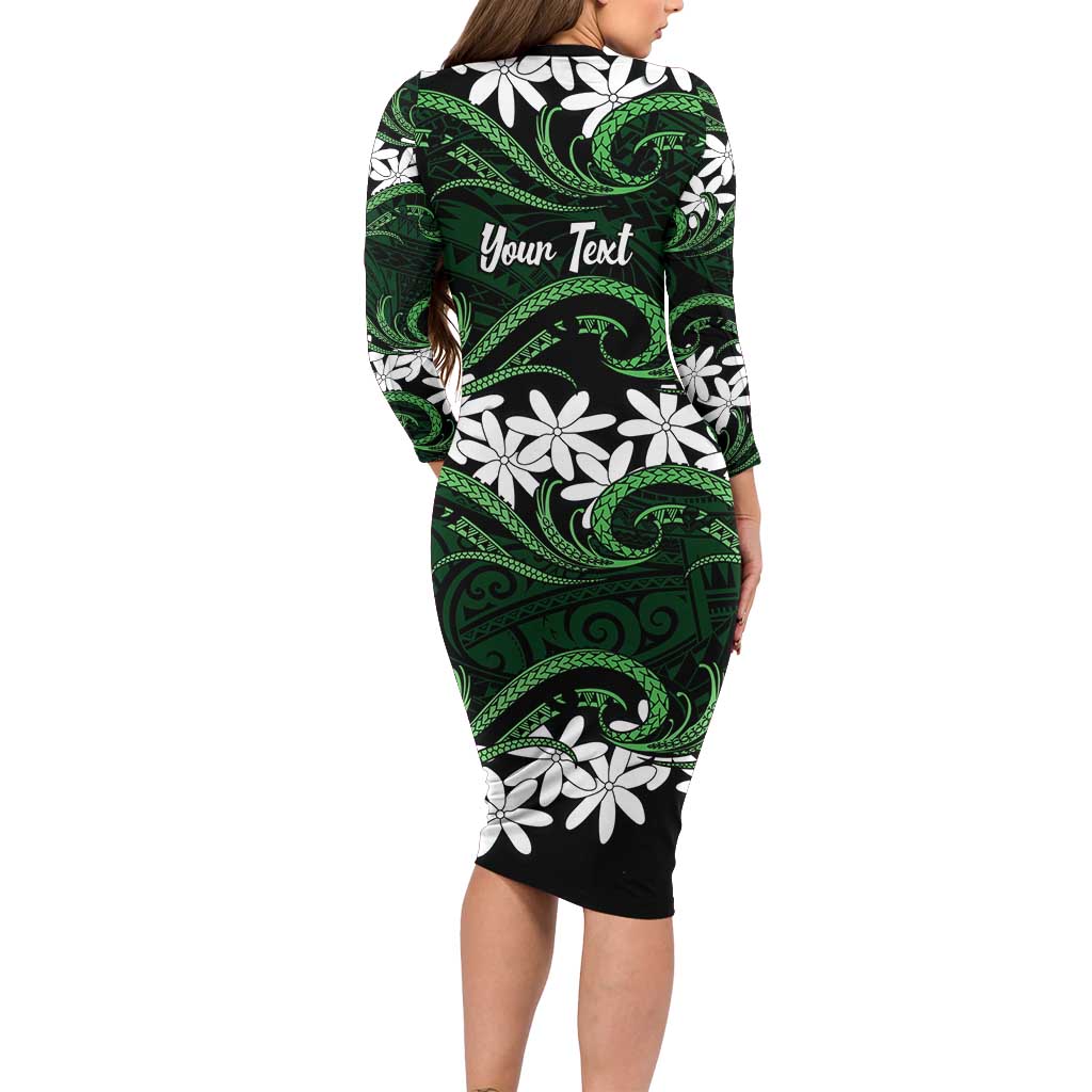 Personalised Cook Islands Mitiaro Long Sleeve Bodycon Dress Tiare Maori Polynesian Waves Tattoo