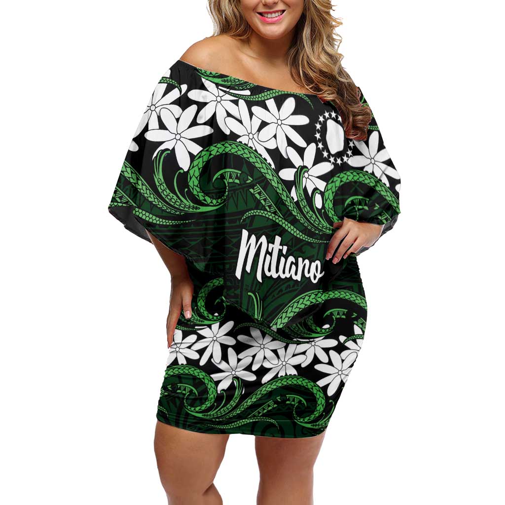 Personalised Cook Islands Mitiaro Off Shoulder Short Dress Tiare Maori Polynesian Waves Tattoo