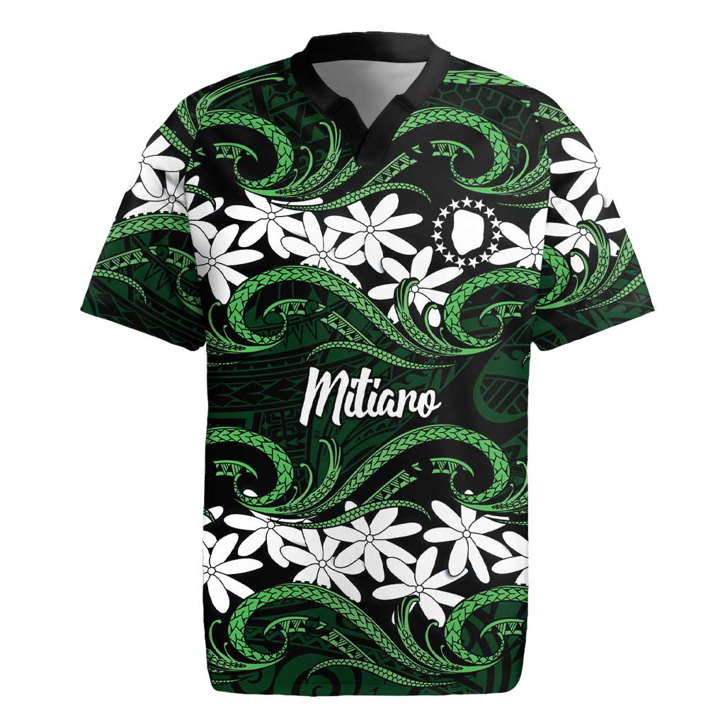 Personalised Cook Islands Mitiaro Rugby Jersey Tiare Maori Polynesian Waves Tattoo