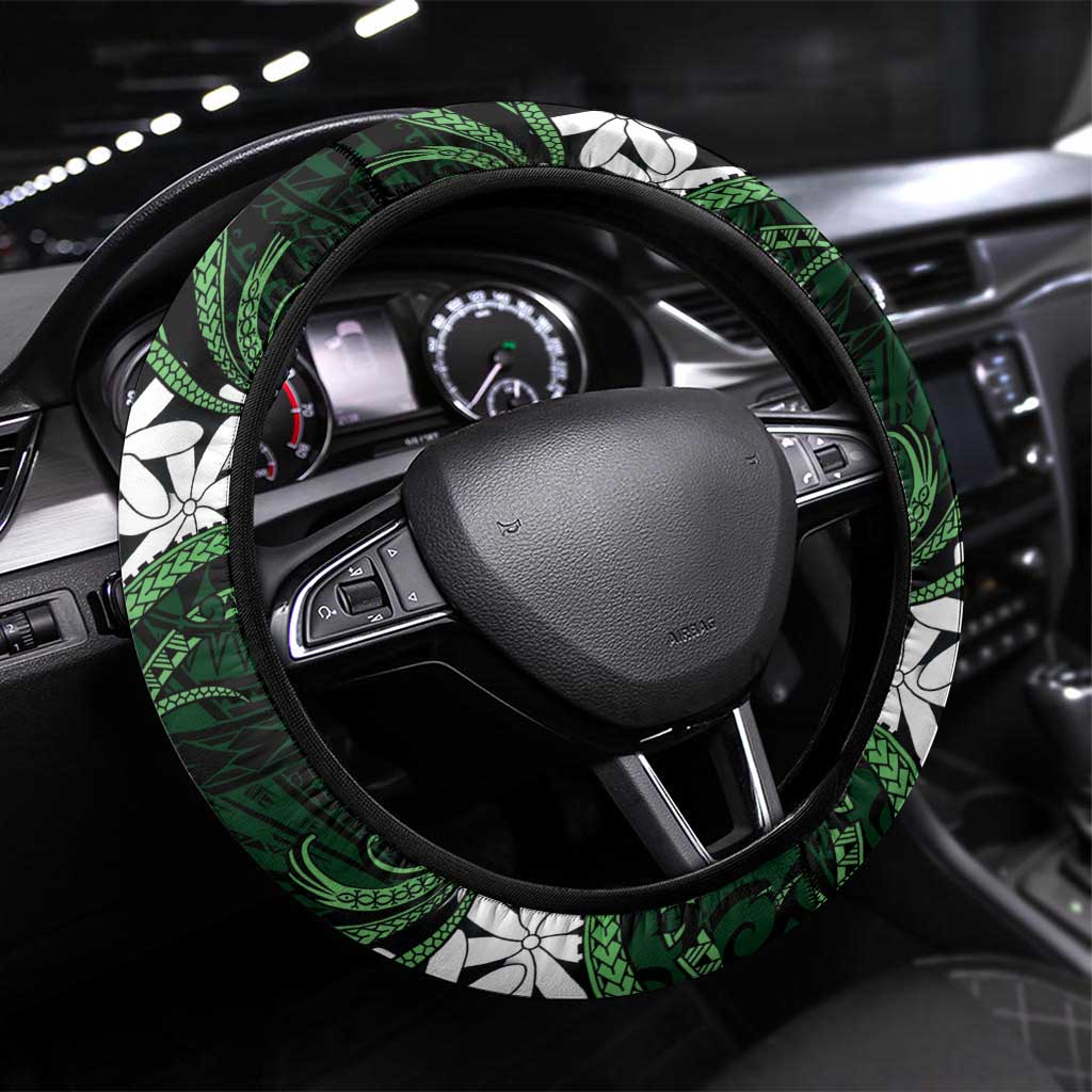 Cook Islands Mitiaro Steering Wheel Cover Tiare Maori Polynesian Waves Tattoo LT14 Universal Fit Green - Polynesian Pride