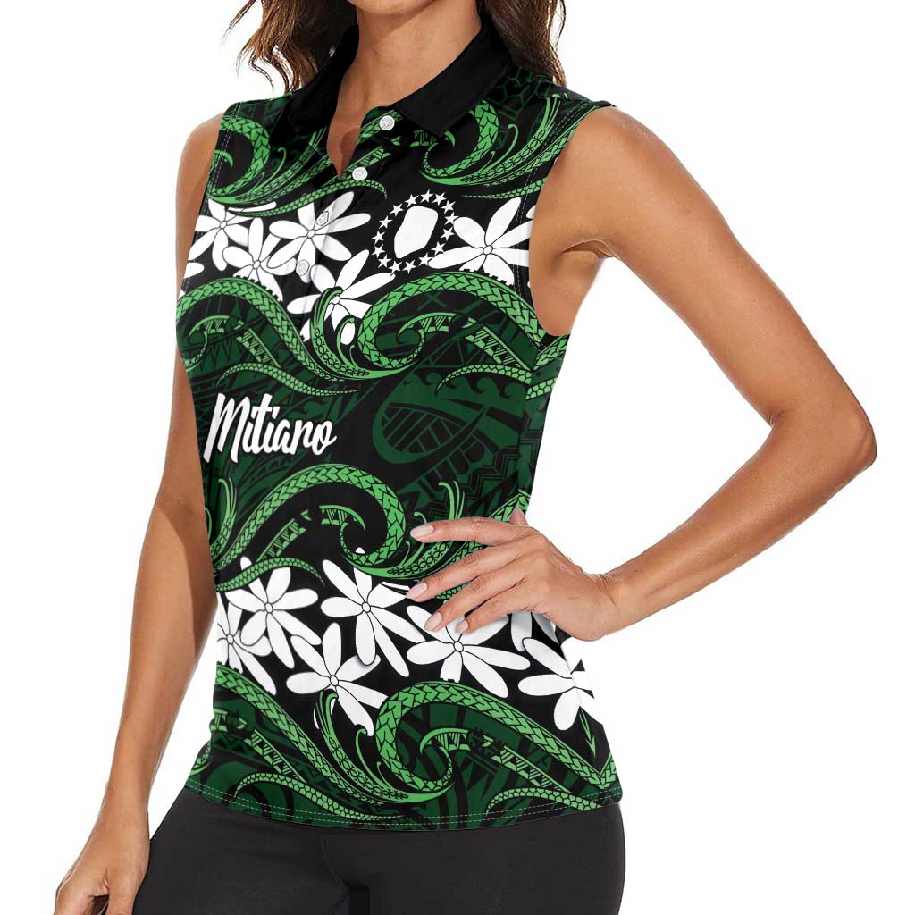 Personalised Cook Islands Mitiaro Women Sleeveless Polo Shirt Tiare Maori Polynesian Waves Tattoo