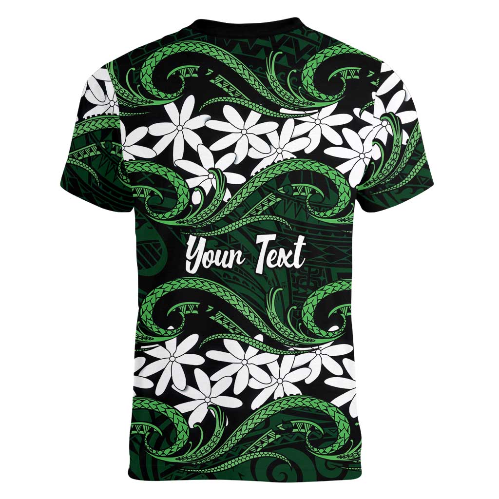 Personalised Cook Islands Mitiaro Women V-Neck T-Shirt Tiare Maori Polynesian Waves Tattoo