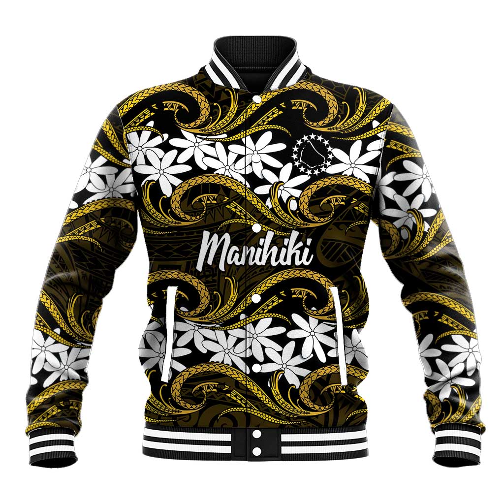 Personalised Cook Islands Manihiki Baseball Jacket Tiare Maori Polynesian Waves Tattoo